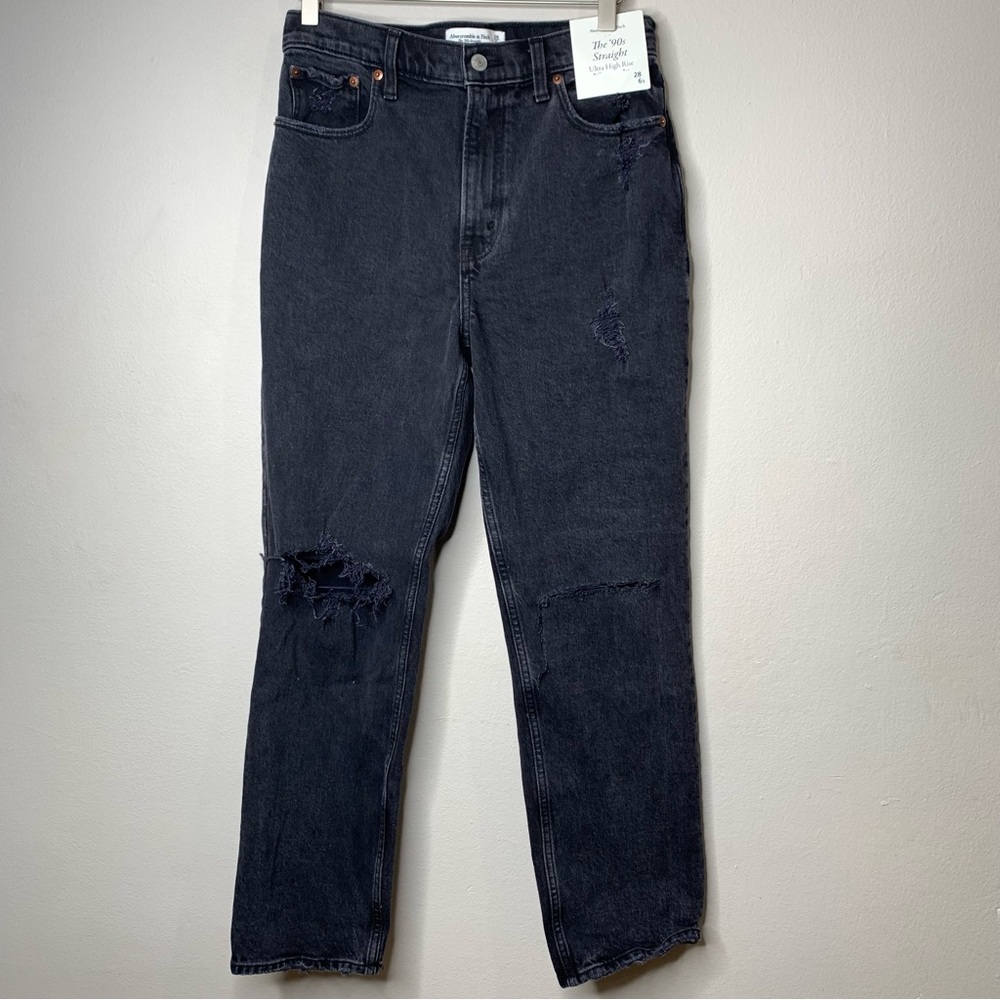 Abercrombie & Fitch Ultra High Rise 90s Straight Jean Black Distressed Destroyed